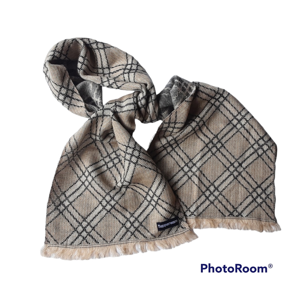 Tupperware Award Beige Blue Window Plaid Fringe Rectangle 100% Acrylic Scarf